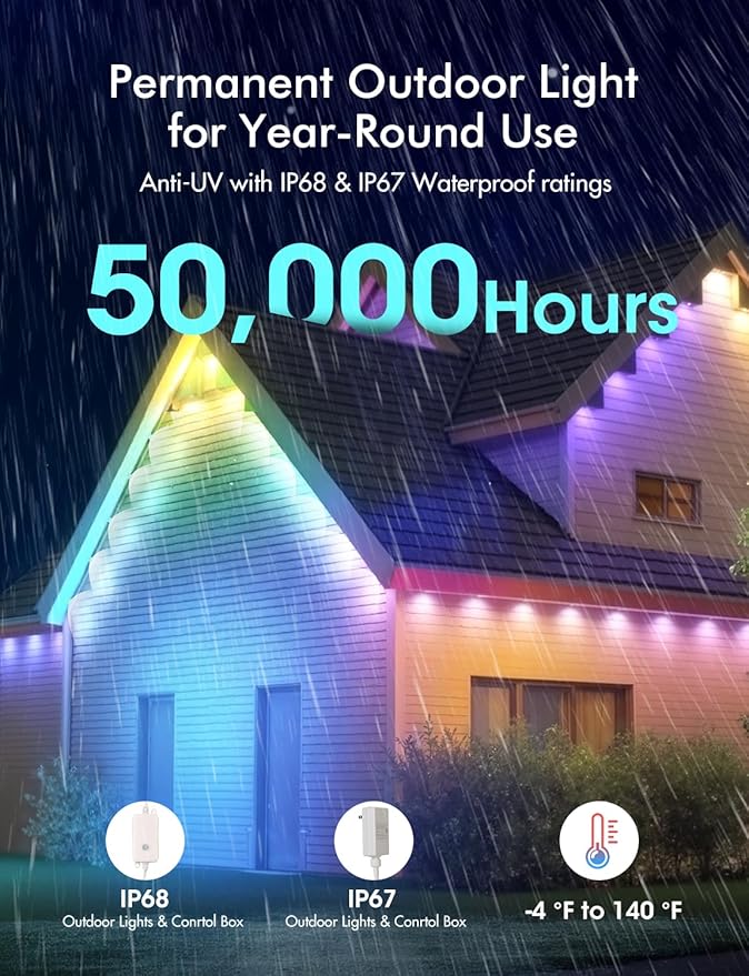 Permanent Outdoor Lights for House & Year-Round Use - Smart RGB+IC Color Changing Lights with APP/Voice Control, IP67 Waterproof, 124FT 72LEDs - Christmas, Patio, Garden, Commercial Decoration