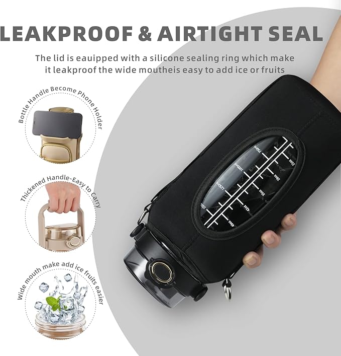 Half Gallon 64oz Glass Water Bottle with Straw and Storage Sleeve Motivational Water Bottle with Strap and Time to Drink 2L Leakproof Reusable Water Jug for Fitness Gym and Outdoors