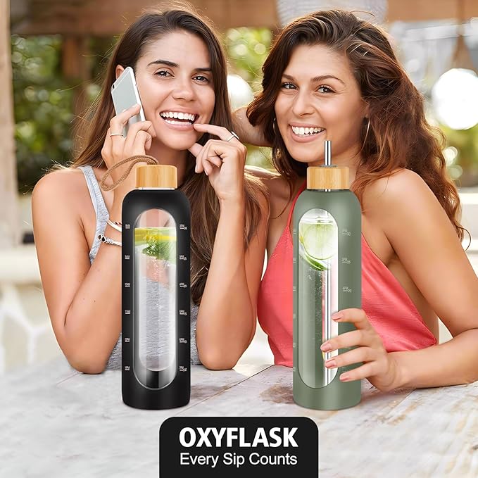 Glass Water Bottles 32 oz - 32 ounce Glass Drinking Bottle with 2 Bamboo Lids Time Marker and Silicone Sleeve, 1 Liter Wide Mouth Motivational Glass Water Bottle with Straw for Travel Daily Intake