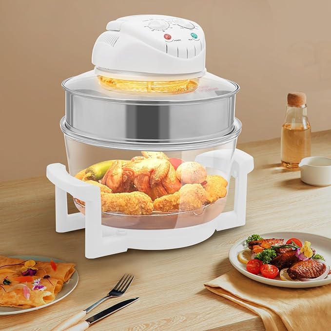 Glass Air Fryer,17L Convection Oven Roaster,360° Viewable Airy Fryer with Expansion Ring and 2 Grills,Halogen Oven Countertop,Air Circulation Cooker,French Fries Roaster Multifunction Cooker