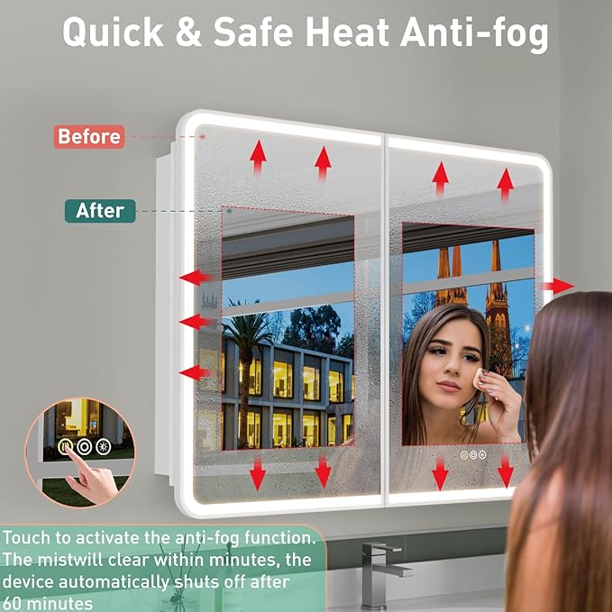 32x30 Inch Medicine Cabinet with Mirror, Recessed or Surface Mount Bathroom Medicine Cabinet with LED Lights, Anti-Fog, Memory Function, Adjustable Shelf, Dimmable Light, ETL Listed, White