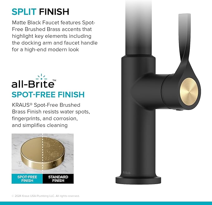 KRAUS Torak Pull Down Kitchen Faucet in Spot-Free Brushed Brass/Matte Black with 2 Function Sprayer, Pre-Attached Water Lines, and Mounting Hardware, KPF-2841SFBBMB