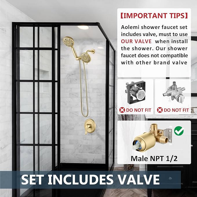 Aolemi Shower Faucet Set Rain Shower Head System Shower Trim Kit Pressure Rough-in Valve Included ABS 8 Setting Dual Shower Head and Handheld Spray Brushed Gold