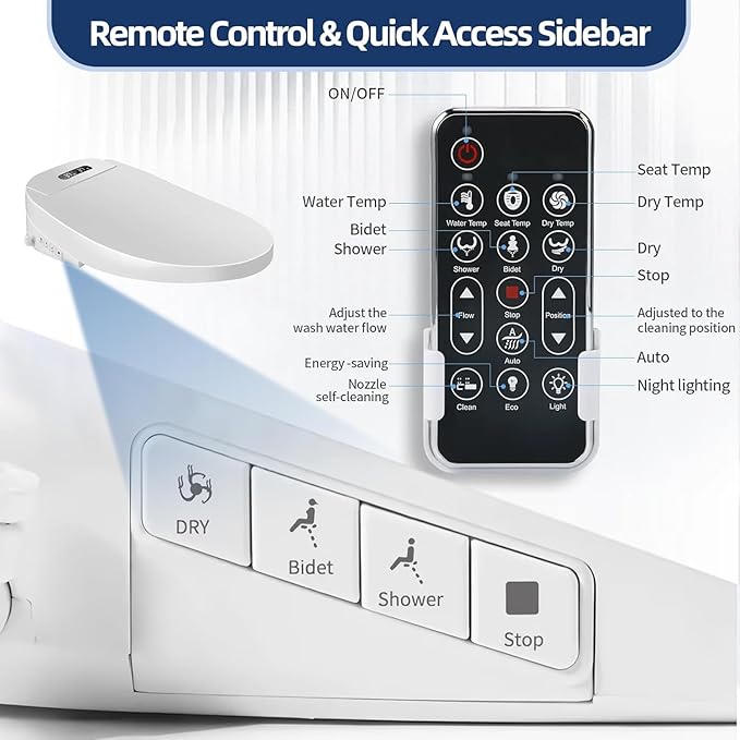 Electric Bidet Toilet Seat, Filtered & Unlimited Warm Water, 8 Modes Spa Wash, Warm Air Dryer, Heated Seat, Self-Clean Stainless Steel Nozzle, HD Night Light. 10-year warranty. (TB-38E,Elongated)