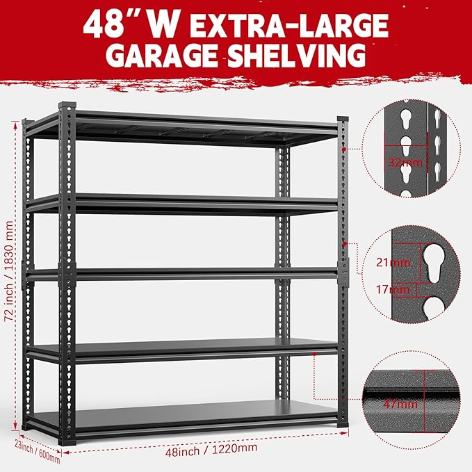 Garage Shelving, 48" Wide 5-Tier 3000lbs, Boltless Assembly, Adjustable Large Garage Storage Shelves, 48" W x 24" D x 72" H Heavy Duty Storage Rack