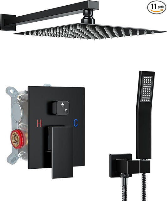 10 Inch Shower Faucet Set, Rainfall Shower System with Square Fixed Shower Head and High Pressure Handheld Shower Head, Spray Wall Mounted Rainfall Shower Fixtures, Matte Black