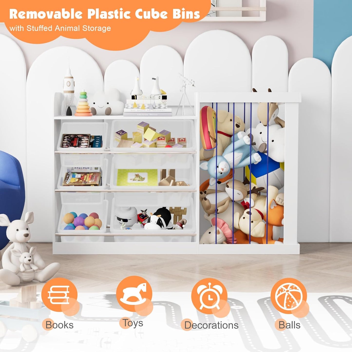 Kids Toy Storage Organizer with 3 Removable Plastic Bins Toddler Montessori Bookshelf with Stuffed Animal Net Holder Baby Bookcase Plush Organizer for Playroom, Bedroom,Kids Room,Classroom,Nursery