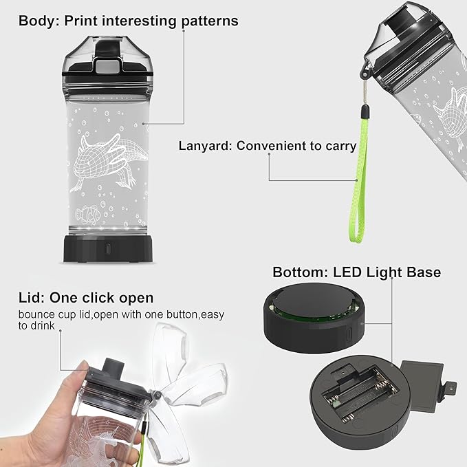 Axolotl Water Bottle with 3D Glowing LED Light - 14 OZ Tritan BPA Free - Creative Ideal Travel Cup Gift for School Kid Boy Child Gamer Holiday Camping Picnic
