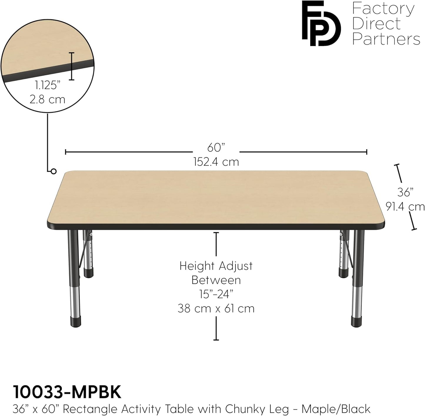 Factory Direct Partners FDP Rectangle Activity School and Classroom Kids Table (36 x 60 inch), Toddler Leg, Adjustable Height 15-24 inches - Maple Top and Black Edge