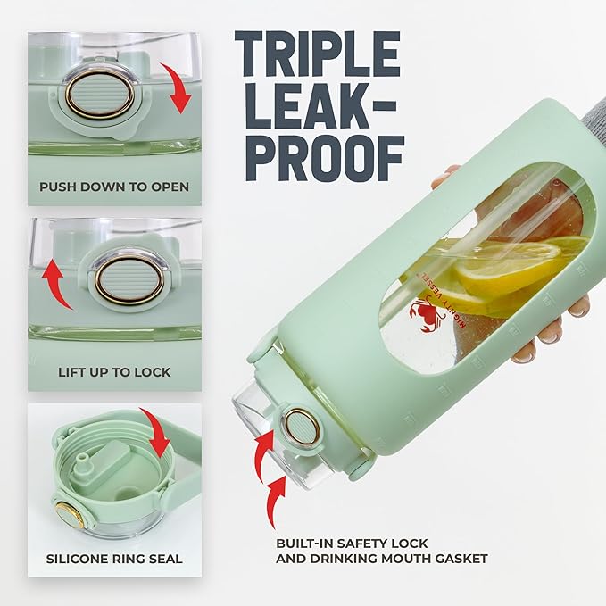 Leakproof 64 oz glass water bottle with Time Markers - Green Large Water Bottle with Measurements - Pregnancy Water Bottle Tracker - Half Gallon Water Bottle with Straw, 2 liter Water Bottle Glass