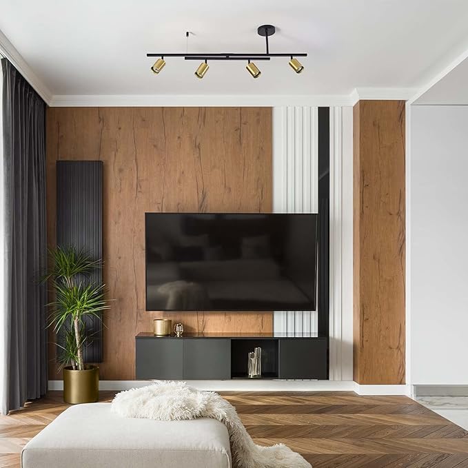 Globe Electric 57501 4-Light Track Lighting, Matte Black, Matte Brass Track Heads, Center Swivel Bar, 4 Bulb Kitchen Light, Ceiling Light Fixture, Track Lighting, Swivel, Bulb Not Included