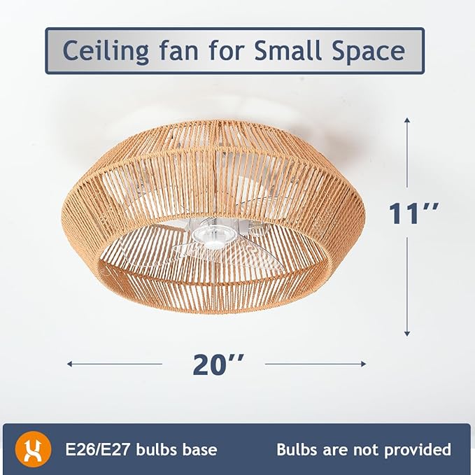 Small 20" Boho Reversible DC Ceiling Fan with Light Fixture and Remote Control, Enclosed Cage Flush Mount Caged Low Profile Fandelier for Nursery Office Dining Room Indoor Kitchen Bedroom