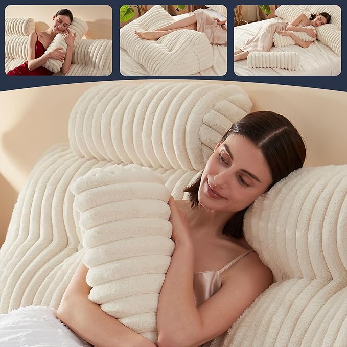 Faux Fur Headboard Pillow with 2 Pack Neck Roll Pillow Large Headboard Pillow Soft and Supportive with Removable Cover (Beige, King)