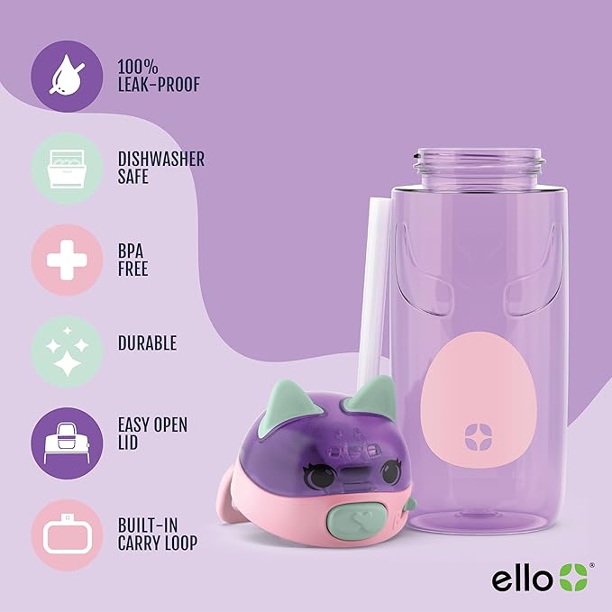 Ello Ellies 16oz Plastic Kids Water Bottle with Straw and Built-in Carrying Handle and Leak-Proof Locking Lid for School backpack, Lunchbox and Outdoor Sports