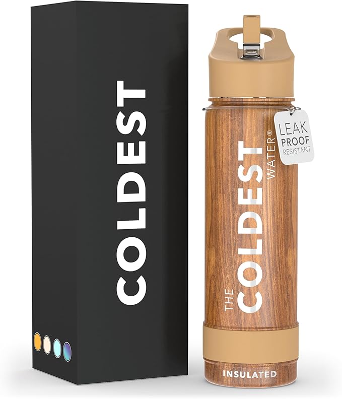Coldest Sports Water Bottle with Straw Lid Vacuum Insulated Stainless Steel Metal Thermos Bottles Reusable Leak Proof Flask for Sports Gym (24 oz, Executive Wood)