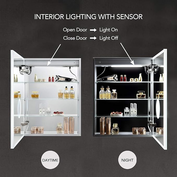 Blossom LED Medicine Cabinet with Mirror, 20x32 In | Lighted Bathroom Mirror Medicine Cabinet with Defogger | Recessed or Surface 3X Makeup Mirror, 3 Color Dimmer, Outlets & USB | A2(M)-20-Right Hinge