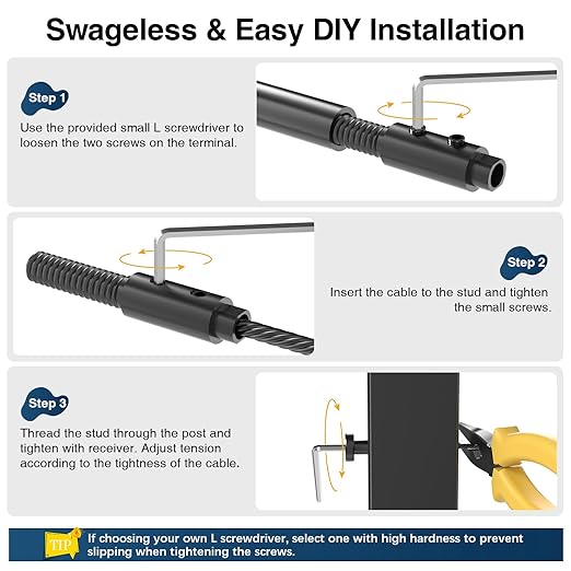 [Patent] Gyykzz 21Pack Black Swageless Invisible Cable Railing Kit, T316 Stainless Steel Reusable Fitting for 1/8" Cable, Screw-Locking Hardware No Crimping Required, Fit for 2"x2" Metal Railing Post