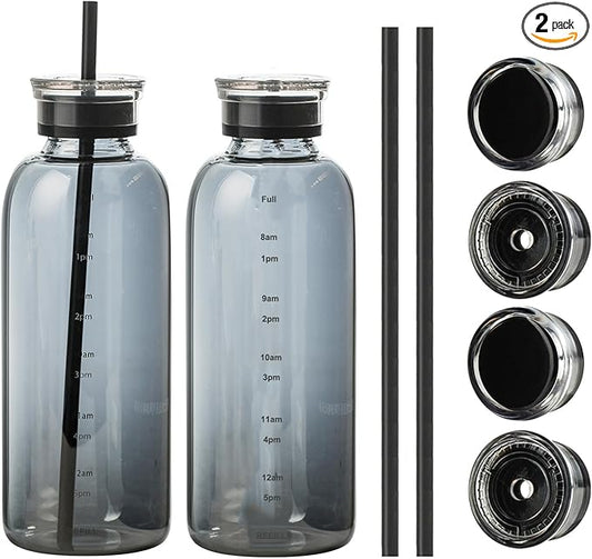 Glass water bottle With Time Marker -24oz with 2 caps and straw,Reusable Glass Drinking Bottles，Suitable For Drinks, Juices, Sodas, Coke, As Gifts Etc (Smoky 24oz*2pcs)
