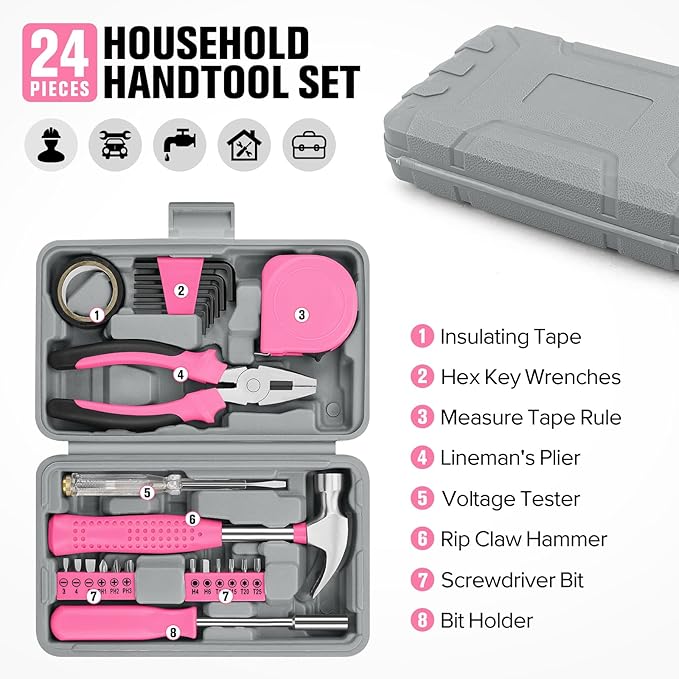 24 Piece Small Tool Kit for Men and Women, Mini Hand Tool Set with Storage Box for Home, DIY, Office, Garage(Pink)