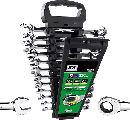 SK Ratcheting Wrench Set, Combination Wrench Set, 12-Piece, Metric 8 to 19mm, 72-Tooth, Premium CR-V Construction, with Rack Organizer
