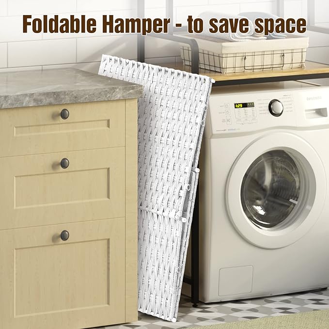 Greenstell Laundry Hamper with 2 Removable Liner Bags，90L Divided Clothes Hamper, Handwoven Synthetic Rattan Foldable Laundry Basket with Lid and Handles White (18.5 x 13.3 x 24.0Inches)