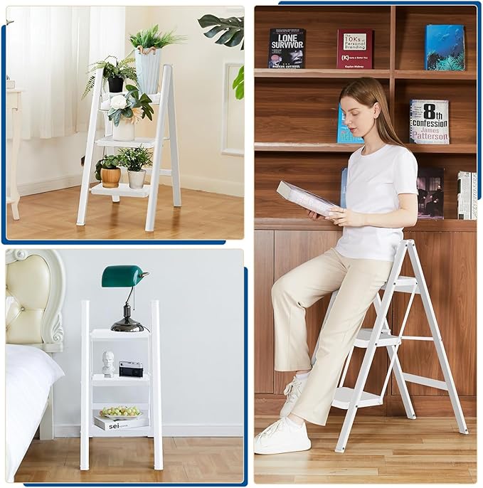 Double Elite Step Ladder 3 Step Folding, Sturdy 330 Lbs Load Step Stool for Adults, Safer Full Steel Kitchen Closet Ladder for Home, Multi-use Small Step Stool Ladder with Anti-Slip Wide Pedals, White
