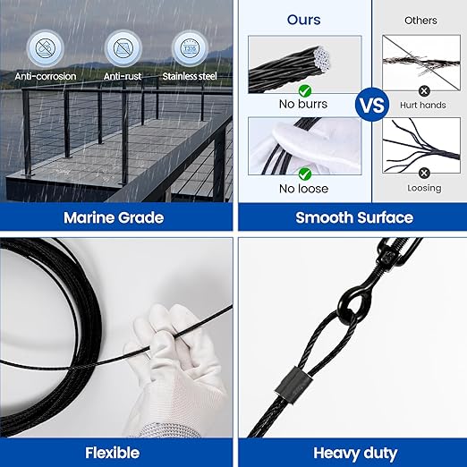 Muzata 1000 ft 1/8" Black Stainless Steel Cable Railing System Hardware T316 Stainless Steel Wire Rope 7x7 Strands 1800 lb Breaking Strength Black Cable Railing Kit for Indoor Outdoor WR19