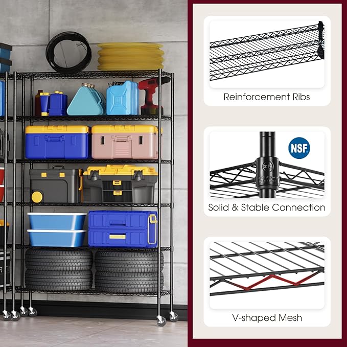 BestOffice | 6-Tier Wire Storage Shelves with Wheels | 48x18x77 | Black | Adjustable Racks | Heavy-Duty Metal Shelf, Holds Upto 600 lbs | No-Tool Assembly | Ideal for Home & Garage Shelving