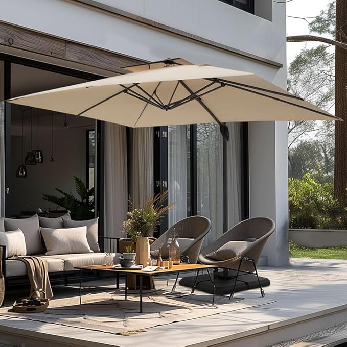 PHI VILLA 9'x 12' Large Patio Umbrella, Outdoor Aluminum Cantilever Umbrella with Double Top Rectanglar Canopy, Windproof Hydraulic Offset Umbrella for Pool, Deck, Garden, Beach, Porch, Beige