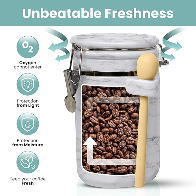 Home Intuition 4-Piece Ceramic Kitchen Canisters Set, Airtight Containers with Wooden Spoons Reusable Chalk Labels and Marker for Sugar, Coffee, Flour, Tea (White Marble)