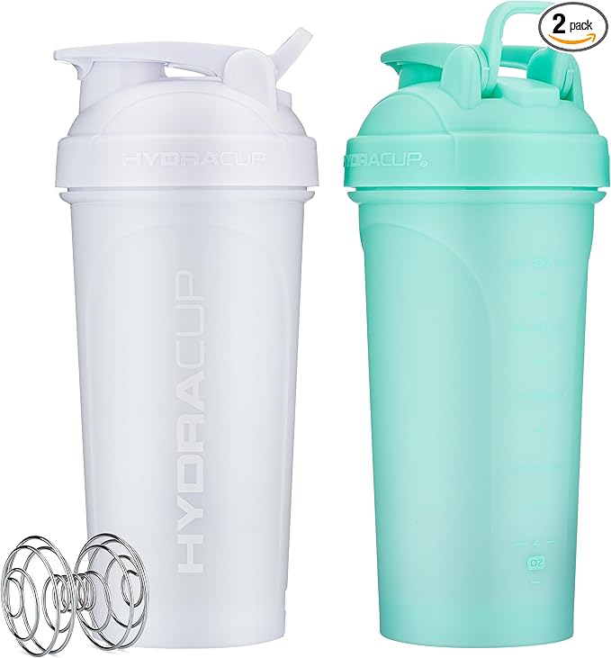 Hydra Cup ProFlow [2 Pack] 28 oz Shaker Bottles for Protein Shakes, Shaker Cups with Ball Blender Whisk, Shaker Bottle with Handle, Travel To Go, BPA Free (White & Teal, 28oz)