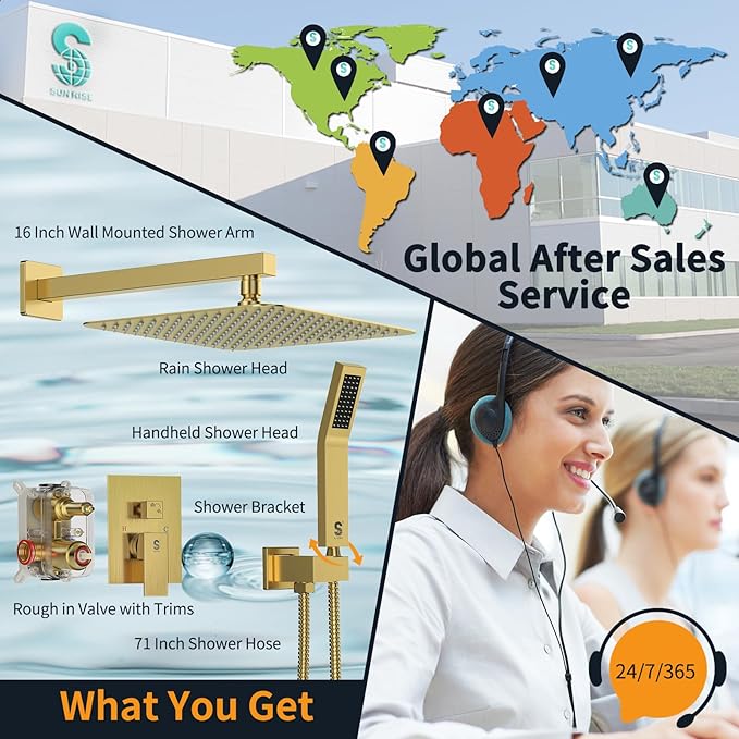 SR SUN RISE 12 Inches Bathroom Luxury Rain Mixer Shower Combo Set Wall Mounted Rainfall Shower Head System Brushed Nickel Finish Shower Faucet Rough-In (12 Inch, Brushed Gold)