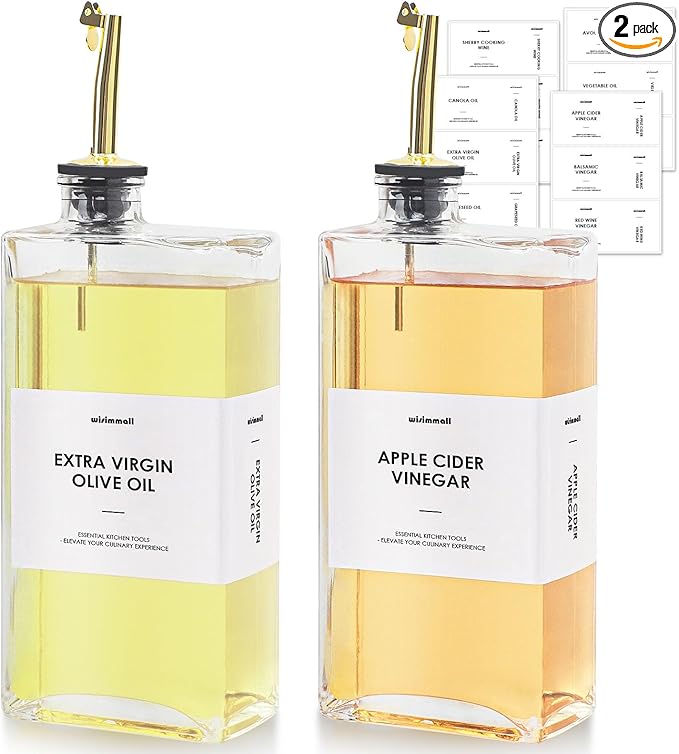 Olive Oil Dispenser For Kitchen, Glass Oil Bottle 500ML Oil And Vinegar Dispenser Set Of 2, Cooking Oil Dispenser With 2 Stainless Steel Pourers & 44 Labels, Soy Sauce Dispenser, Coffee Syrup Bottles