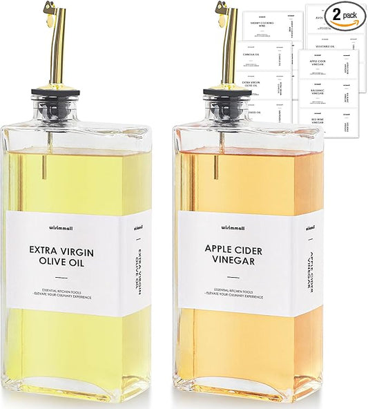 Olive Oil Dispenser For Kitchen, Glass Oil Bottle 500ML Oil And Vinegar Dispenser Set Of 2, Cooking Oil Dispenser With 2 Stainless Steel Pourers & 44 Labels, Soy Sauce Dispenser, Coffee Syrup Bottles