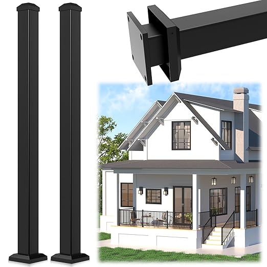 2.56 in. x 2.56 in. x 45 in. Porch and Deck Railing Post with Screws, Aluminum Railing Post, Black Textured Powder-Coat Finish Stair Post for Decks, Porches & Balconies (2x45in Posts)