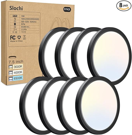 8PACK LED Flush Mount Ceiling Light Fixture, 3000K-4000K-6500K & 100W Equivalent Modern Kitchen Ceiling Lamp 15W 1500Lm 7.5 Inch Closet Round Surface for Bathroom Laundry Bedroom Hallway, Black