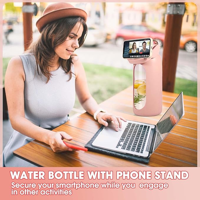 Glass Water Bottles 64 oz - Large Half Gallon Motivational Glass Water Bottle with Time Marker Straw Phone Holder Handle, 64oz Daily Water Intake Jug with Silicone Sleeve for Office Work Gym Pink