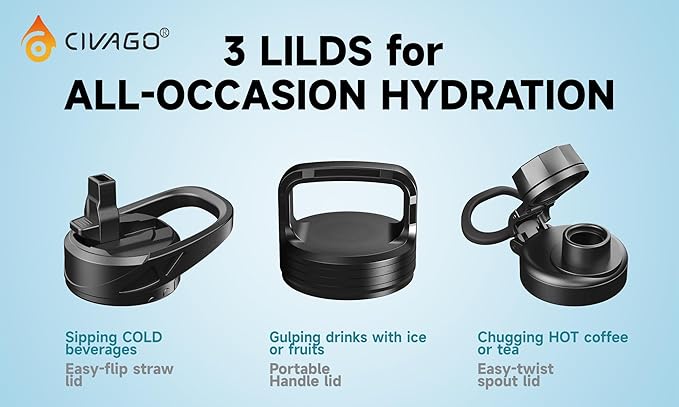 CIVAGO 64 oz Insulated Water Bottle With Straw, Half Gallon Stainless Steel Sports Water Flask Jug with 3 Lids (Straw, Spout and Handle Lid), Large Metal Thermal Cup Mug, Indigo Black