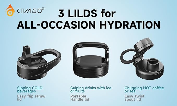 CIVAGO 40 oz Insulated Water Bottle With Straw, Stainless Steel Sports Water Cup Flask with 3 Lids (Straw, Spout and Handle Lid), Double Walled Travel Thermal Canteen Mug, Midnight Black