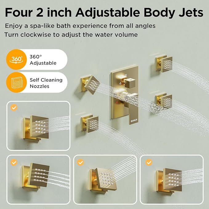 Shower Systems with 4 Body Spray Jets, STARBATH 4 Way 12+6" Rainfall Shower Head with Handheld Combo, Ceiling Mounted Shower Jets System in Wall Shower Faucet Sets Complete,Brushed Gold
