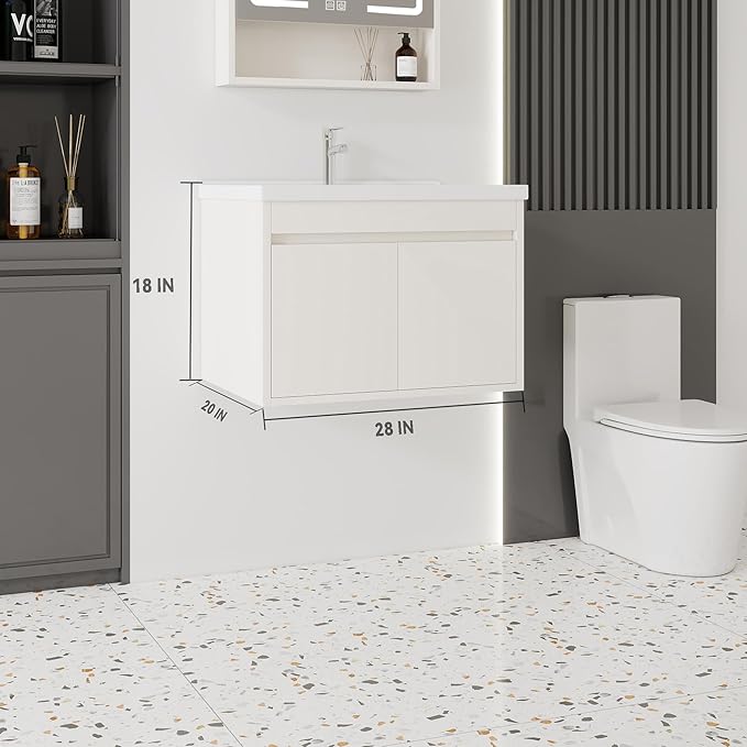 28'' Bathroom Vanity with Ceramic Sink Combo, Wall Mounted Small Bathroom Vanity with Soft-Close Door Modern Floating Cabinet, Pop-up Drain, P-Trap Included, Khaki(No Faucet)