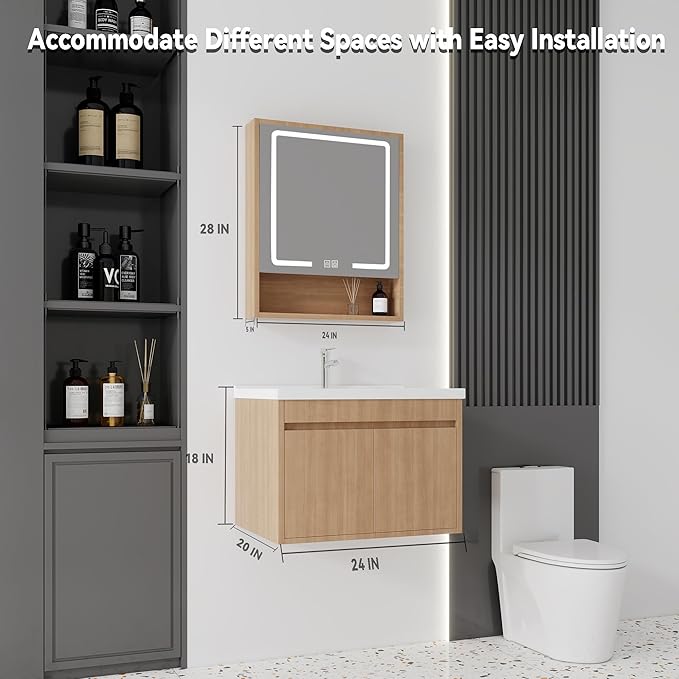 24'' Bathroom Vanity with Ceramic Sink Combo and Medicine Cabinet Mirror with Led Light/Defog, Wall Mounted Small Bathroom Vanity with Soft-Close Door Modern Floating Cabinet, Walnut(No Faucet)
