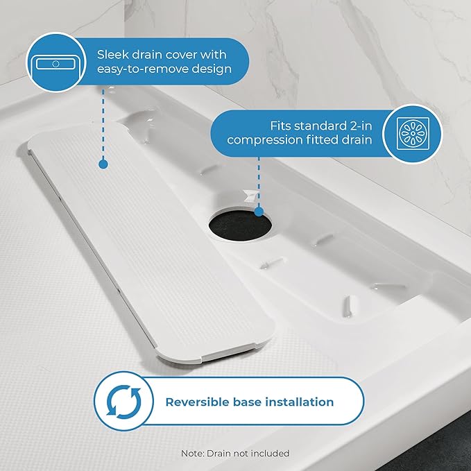 OVE Decors 54-in W x 36-in D Shower Base Pan Rectangle, Hidden Side Drain, White Acrylic, Reversible Design
