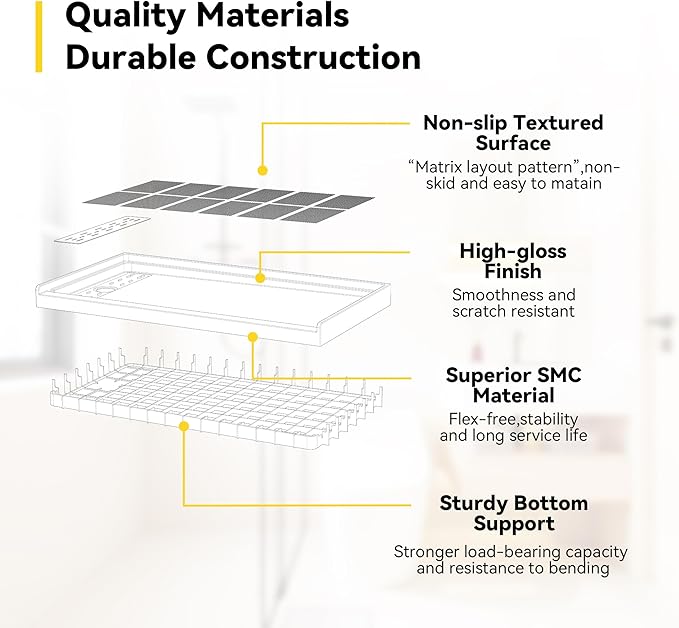 Sunrosa Shower Base 60"×32"×4", Single Threshold Shower Bases with Left Drain, Rectangle Solid Surface White Shower Pan, Slip Resistant Textured Surface, Include Stainless Steel Chrome Cover