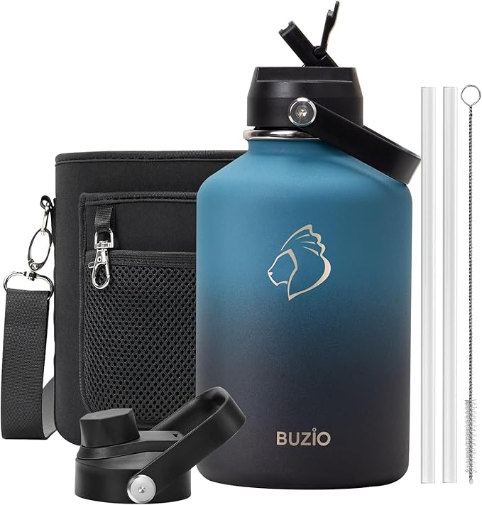 BUZIO 64 oz Insulated Water Bottle, Half Gallon Stainless Steel Water Jug with Straw Lid & Carrying Case, Keep Cold 48h Large Lead-Free Vacuum Metal Thermo Water Flask for sports Camp, Indigo Crush