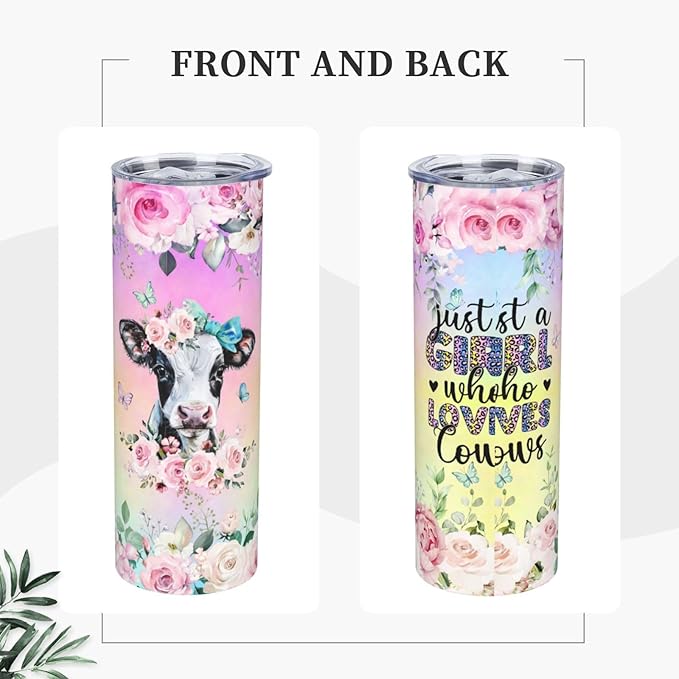 Skinny Tumbler Gift For Men Women, Cow Print Gifts For Women Funny Cow Print Tumbler Cup With Straw Lid 20 Oz,Pink Rose Cow Reusable Stainless Steel Insulated Vacuum Slim Travel Coffee Mug