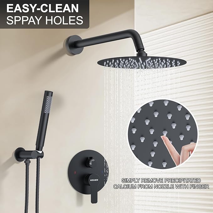 KOJOX 10 Inch Matte Black Shower System with High Pressure Rain Shower Head, Handheld Shower Head, Bathroom Mixer Shower Set Wall Mounted Shower Faucet Rough-in Valve and Trim Kit