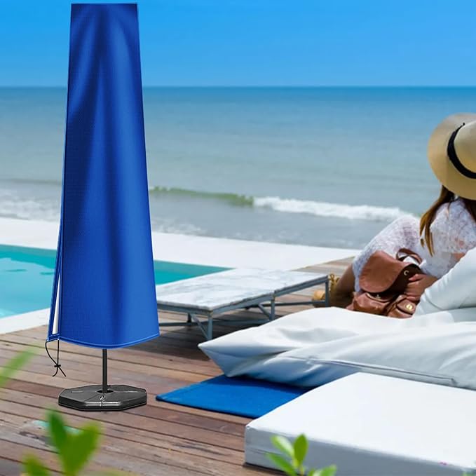 OKPOW Patio Umbrella Cover for 9ft to 12ft Outdoor Umbrellas - 420D Waterproof Garden Market Umbrella Cover Outside Parasol Covers with Zipper for Deck Pool Beach Umbrellas, Royal Blue