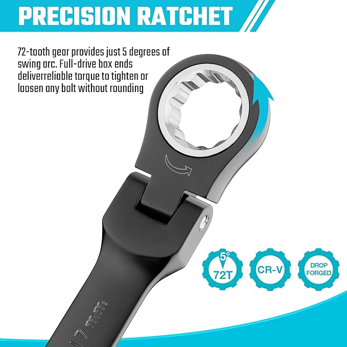 DURATECH 9-Piece Flex-Head Ratcheting Wrench Set, Combination Wrench Set, 72 Tooth, Metric, 8, 10, 11, 12, 13, 14, 15, 16, 17mm, Black Electrophoretic Coating, CR-V Steel, with Rolling Pouch