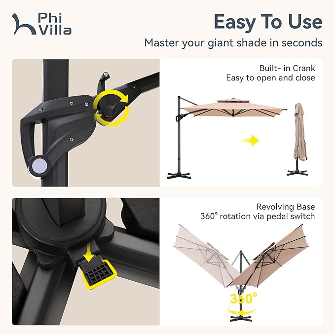 PHI VILLA 10ft Patio Cantilever Umbrella, 360° Rotation & Infinite Tilt Aluminum Square Double Top Outdoor Offset Umbrella, Heavy Duty for Garden Poolside Backyard, Beige (No Base)
